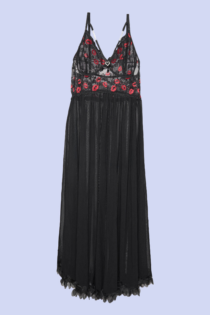 AXTZH Sheer Rose Embroidered 2-Piece Nightwear Set NW X0292-BLACK-F2N