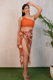 AXTZH 3-Piece One-Shoulder Swimwear Set with Sarong SWIM WEAR X1009-RUST-3PB