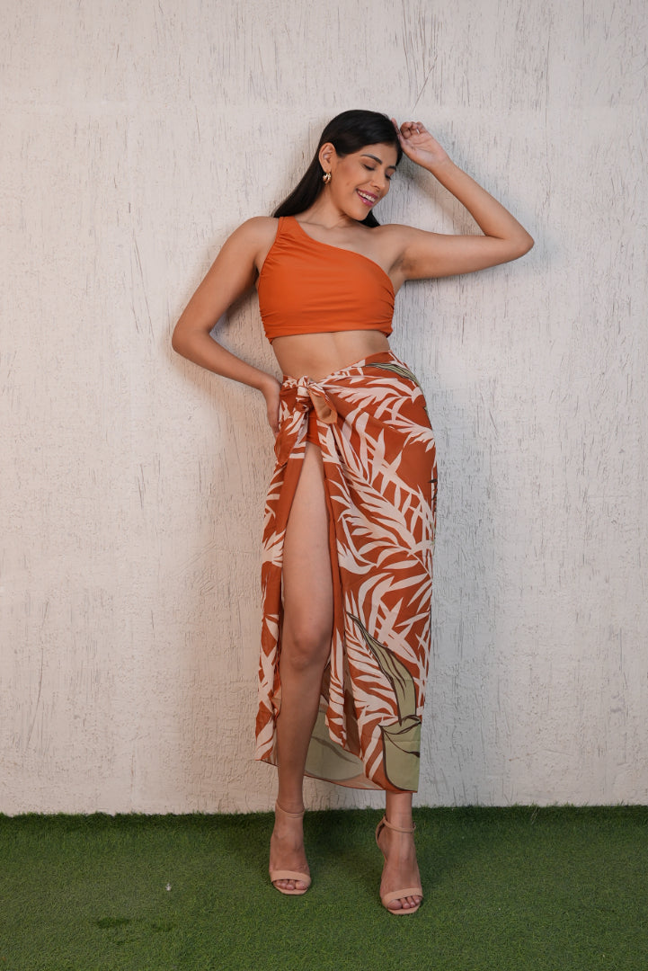 AXTZH 3-Piece One-Shoulder Swimwear Set with Sarong SWIM WEAR X1009-RUST-3PB