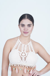 AXTZH Boho-Inspired Crochet Beachwear Crop Top for Women Perfect for Vacations and Poolside Looks X0169-WHITE2-BW1PBL