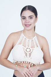 AXTZH Boho-Inspired Crochet Beachwear Crop Top for Women Perfect for Vacations and Poolside Looks X0169-WHITE2-BW1PBL