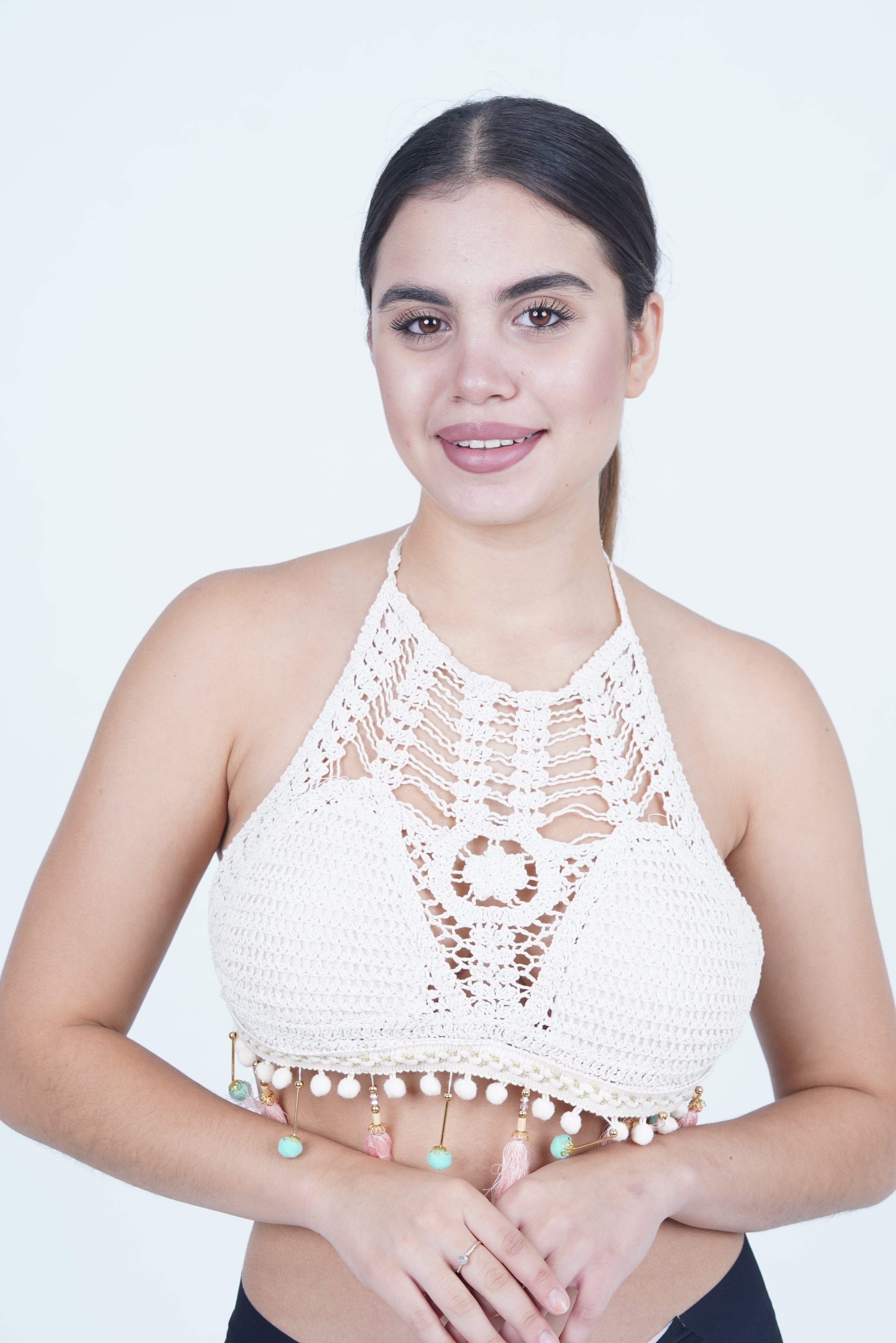 AXTZH Boho-Inspired Crochet Beachwear Crop Top for Women Perfect for Vacations and Poolside Looks X0169-WHITE2-BW1PBL