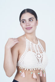 AXTZH Boho-Inspired Crochet Beachwear Crop Top for Women Perfect for Vacations and Poolside Looks X0169-WHITE2-BW1PBL