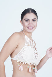 AXTZH Boho-Inspired Crochet Beachwear Crop Top for Women Perfect for Vacations and Poolside Looks X0169-WHITE2-BW1PBL