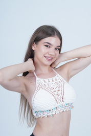 AXTZH Boho-Inspired Crochet Beachwear Crop Top for Women Perfect for Vacations and Poolside Looks X0169-WHITE7-BW1PBL