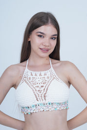 AXTZH Boho-Inspired Crochet Beachwear Crop Top for Women Perfect for Vacations and Poolside Looks X0169-WHITE7-BW1PBL