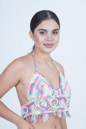 AXTZH Women’s Crochet-Inspired Sexy Beachwear Top with Delicate Detailing and Fringe Accents X0169-ASSTD2-BW1PBL