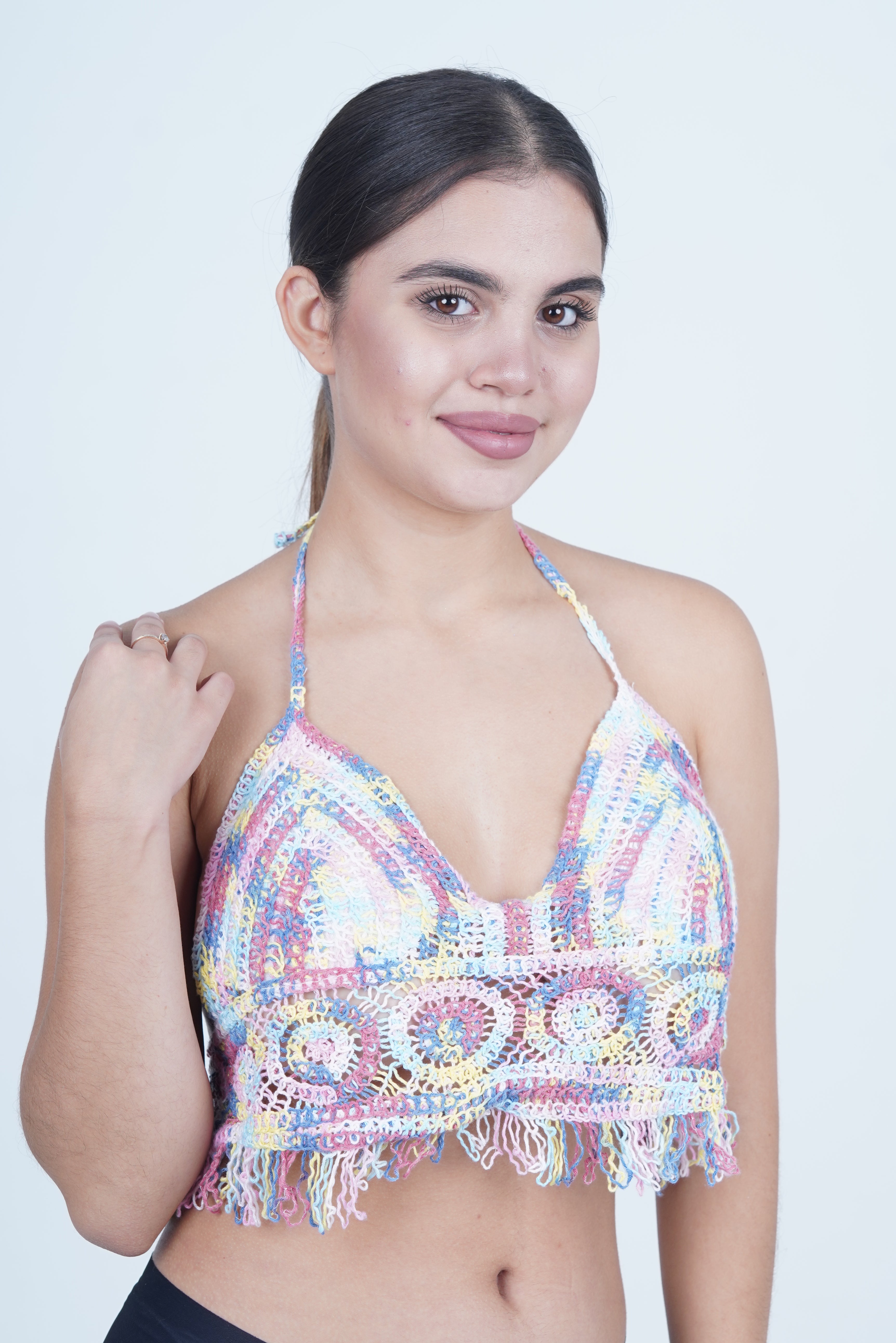 AXTZH Women’s Crochet-Inspired Sexy Beachwear Top with Delicate Detailing and Fringe Accents X0169-ASSTD2-BW1PBL