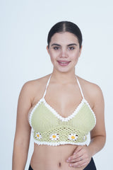 AXTZH Summer-Ready Crochet Beachwear for Women Featuring Daisy Detailing and Adjustable Neck Tie X0169-TGREEN-BW1PBL