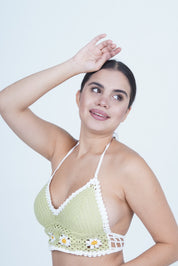 AXTZH Summer-Ready Crochet Beachwear for Women Featuring Daisy Detailing and Adjustable Neck Tie X0169-TGREEN-BW1PBL