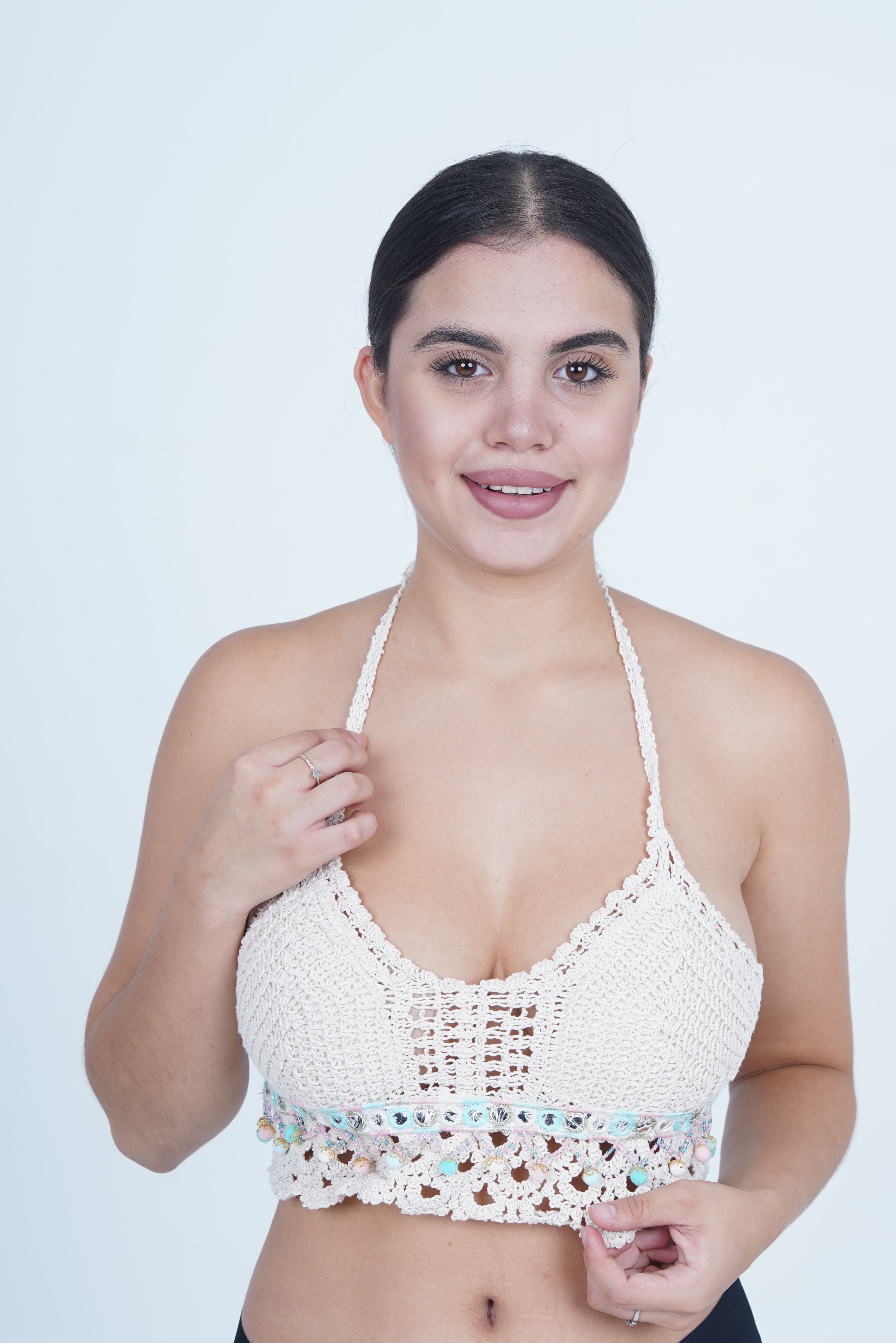 AXTZH Women’s Stylish Crochet-Inspired Beachwear Top with Deep Neckline and Decorative Hem X0169-BEIGE9-BW1PBL