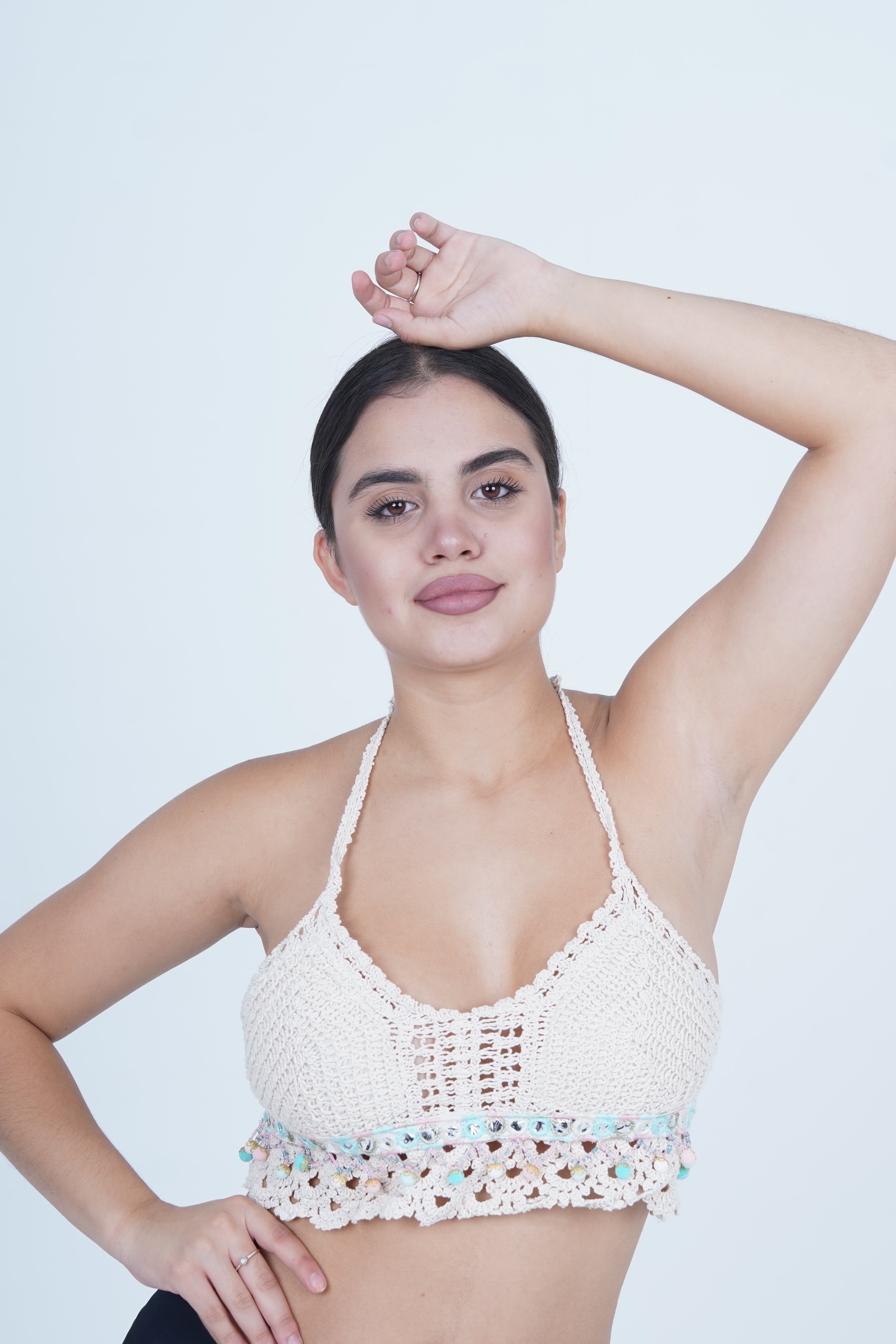 AXTZH Women’s Stylish Crochet-Inspired Beachwear Top with Deep Neckline and Decorative Hem X0169-BEIGE9-BW1PBL