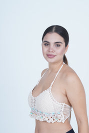 AXTZH Women’s Stylish Crochet-Inspired Beachwear Top with Deep Neckline and Decorative Hem X0169-BEIGE9-BW1PBL