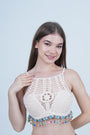 AXTZH Women’s Stylish Crochet Beachwear Crop Top with High Neck and Beaded Tassel Trim X0169-BEIGE6-BW1PBL
