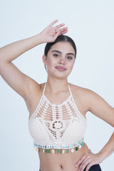 AXTZH Women’s Stylish Crochet Beachwear Crop Top with High Neck and Statement Hemline X0169-BEIGE8-BW1PBL