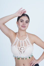 AXTZH Women’s Stylish Crochet Beachwear Crop Top with High Neck and Statement Hemline X0169-BEIGE8-BW1PBL