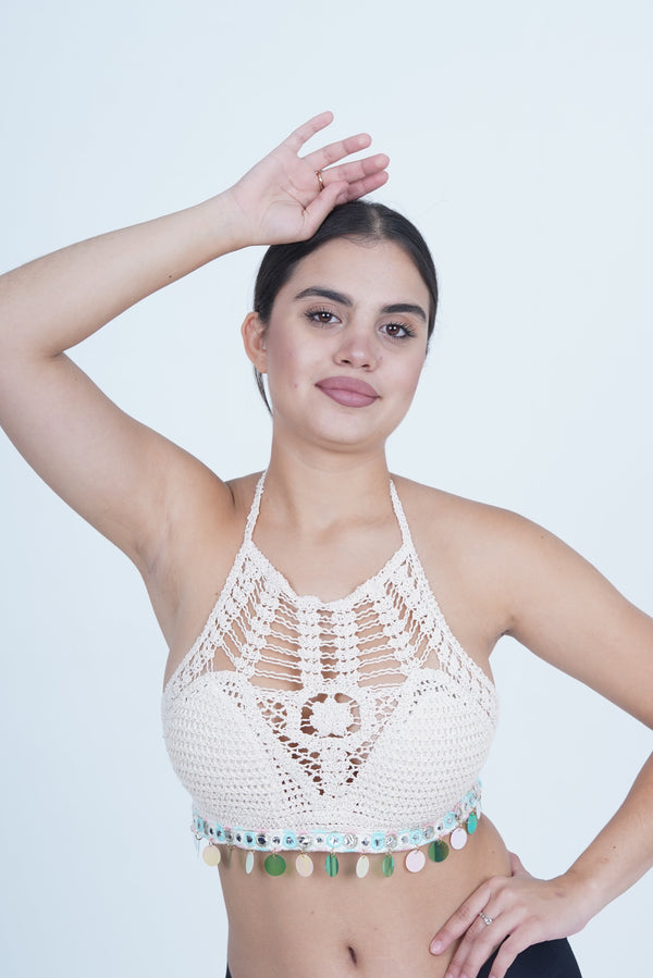 AXTZH Women’s Stylish Crochet Beachwear Crop Top with High Neck and Statement Hemline X0169-BEIGE8-BW1PBL