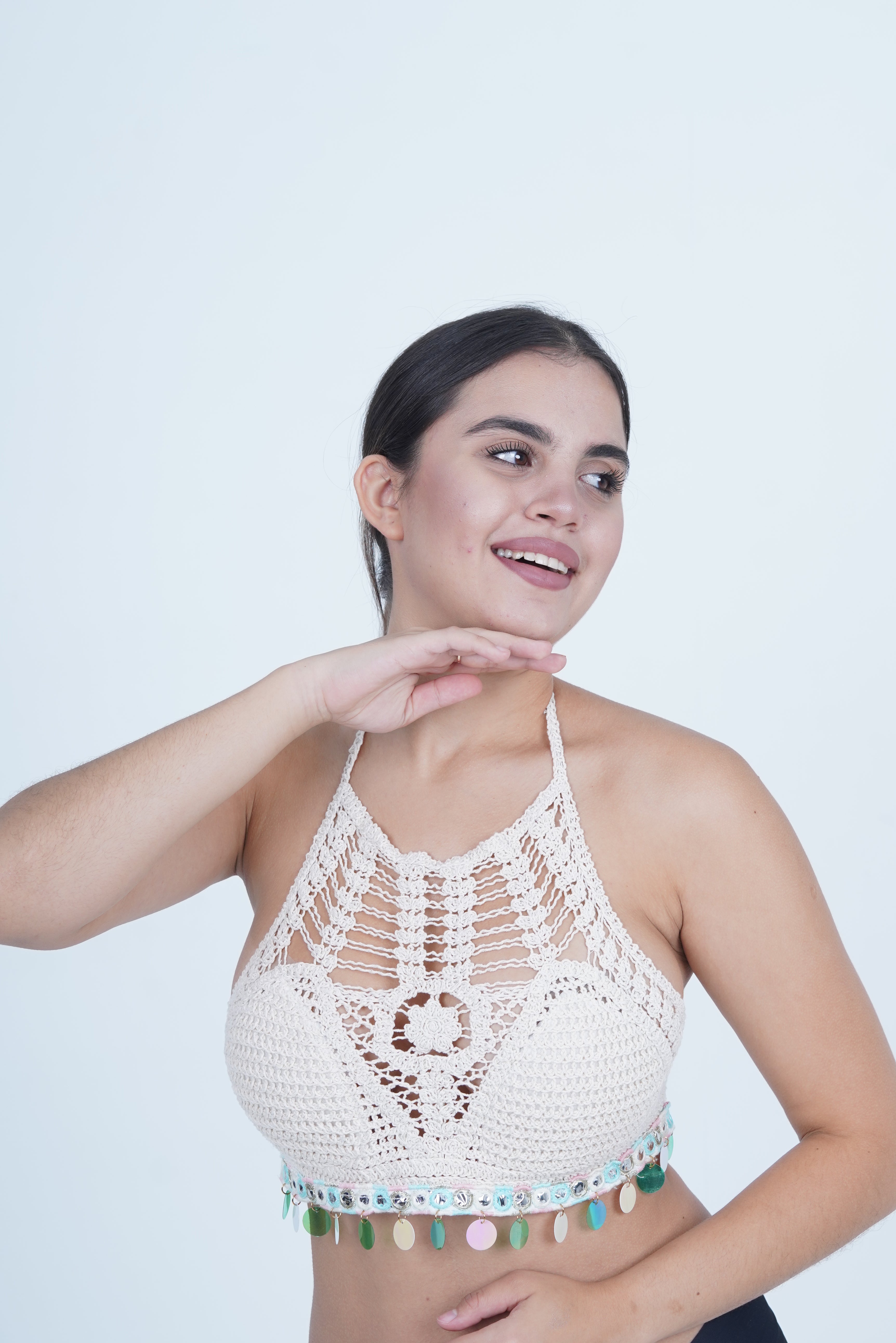 AXTZH Women’s Stylish Crochet Beachwear Crop Top with High Neck and Statement Hemline X0169-BEIGE8-BW1PBL