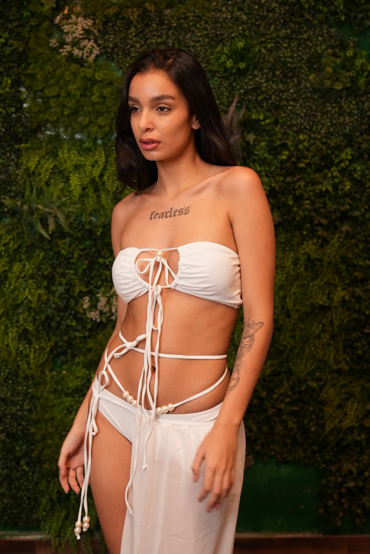 AXTZH 3-Piece Tie-Up Bikini Set with Sheer Sarong SWIM WEAR X1004-WHITE-3PB