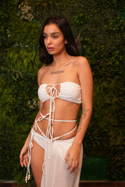 AXTZH 3-Piece Tie-Up Bikini Set with Sheer Sarong SWIM WEAR X1004-WHITE-3PB