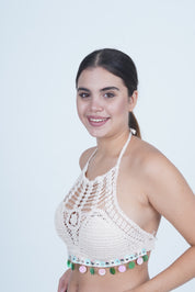 AXTZH Women’s Stylish Crochet Beachwear Crop Top with High Neck and Statement Hemline X0169-BEIGE8-BW1PBL