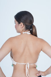 AXTZH Women’s Stylish Crochet Beachwear Crop Top with High Neck and Statement Hemline X0169-BEIGE8-BW1PBL