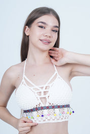 AXTZH Boho-Inspired Crochet Beachwear Crop Top for Women Perfect for Vacations and Poolside Looks X0169-WHITE4-BW1PBL