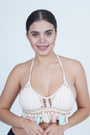 AXTZH Women’s Sexy Crochet-Inspired Beachwear Top with Halter Neck and Tassel Hemline X0169-BEIGE5-BW1PBL