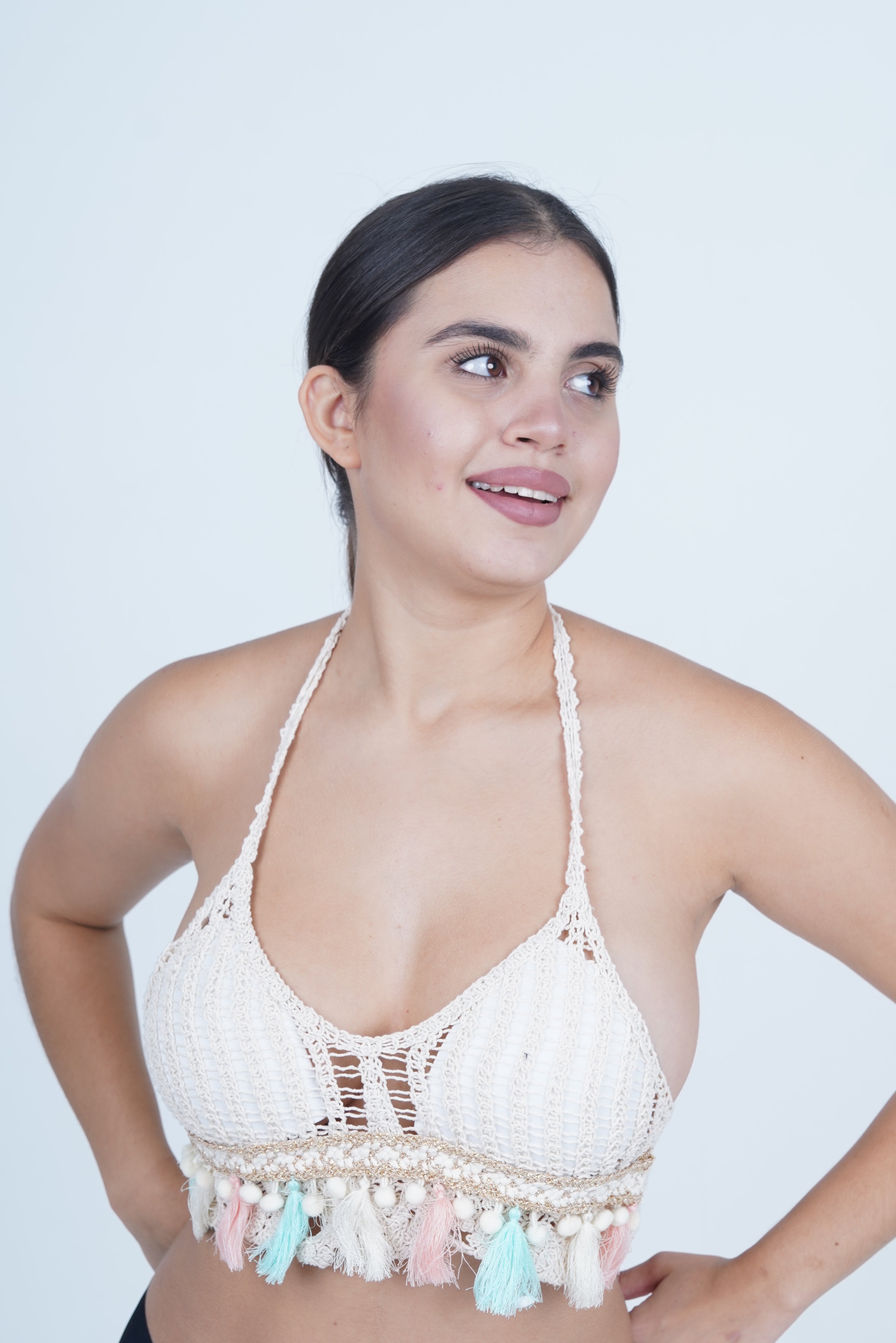 AXTZH Women’s Sexy Crochet-Inspired Beachwear Top with Halter Neck and Tassel Hemline X0169-BEIGE5-BW1PBL