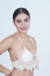 AXTZH Women’s Sexy Crochet-Inspired Beachwear Top with Halter Neck and Tassel Hemline X0169-BEIGE5-BW1PBL