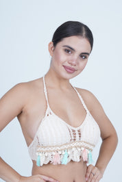 AXTZH Women’s Sexy Crochet-Inspired Beachwear Top with Halter Neck and Tassel Hemline X0169-BEIGE5-BW1PBL