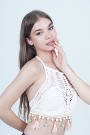 AXTZH Women’s Sexy Crochet-Inspired Beachwear Top with Tassel Detailing for a Chic Summer Look X0169-BEIGE2-BW1PBL