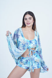 AXTZH 3-Piece Swimwear Set with Bikini, Matching Bottoms, and Sheer Hooded Cover-Up X1009-TGRPR-3PS