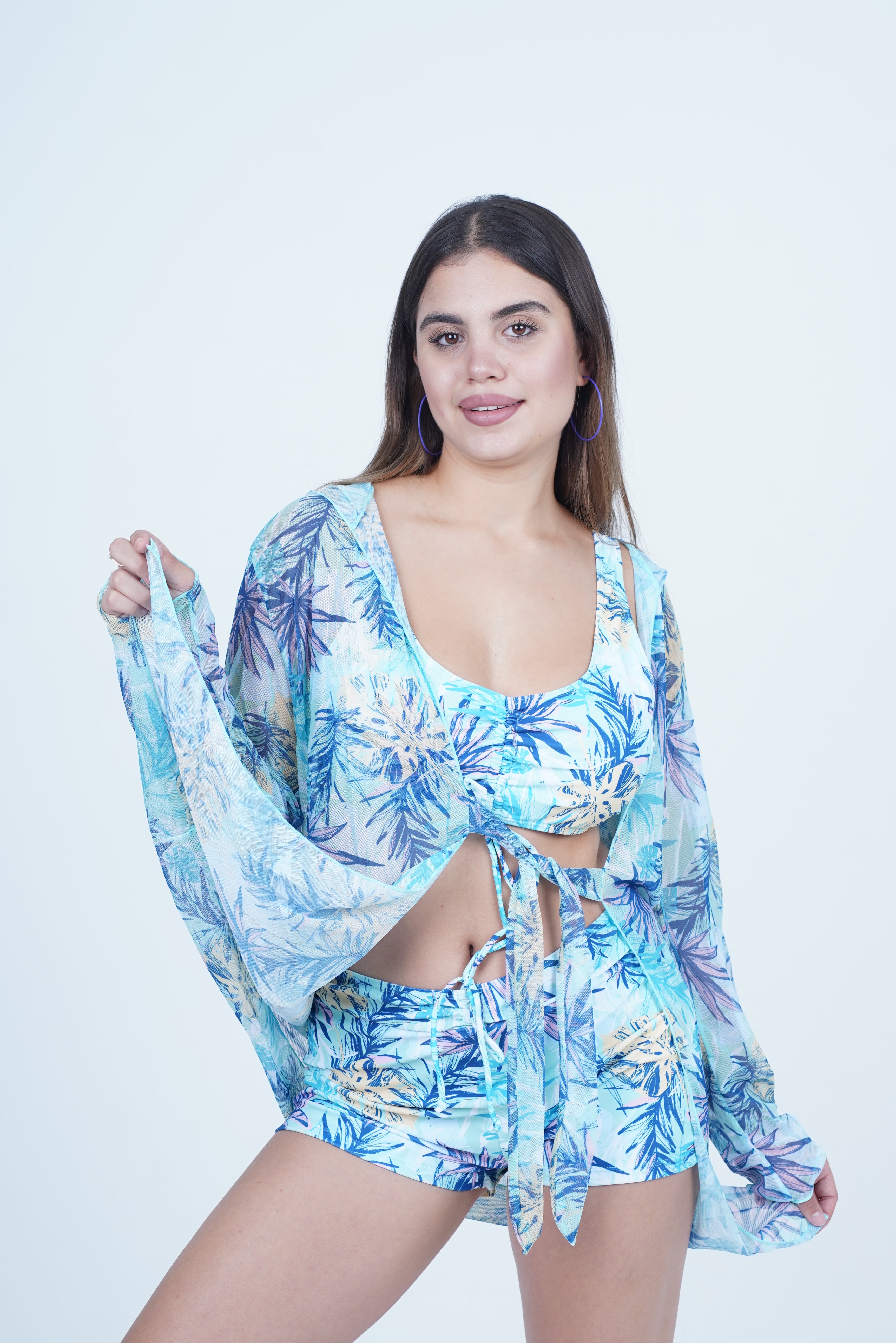 AXTZH 3-Piece Swimwear Set with Bikini, Matching Bottoms, and Sheer Hooded Cover-Up X1009-TGRPR-3PS