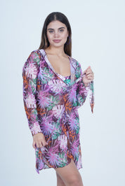 AXTZH 3-Piece Swimwear Set with Bikini, Matching Bottoms, and Sheer Hooded Cover-Up X1009-PINPR-3PS