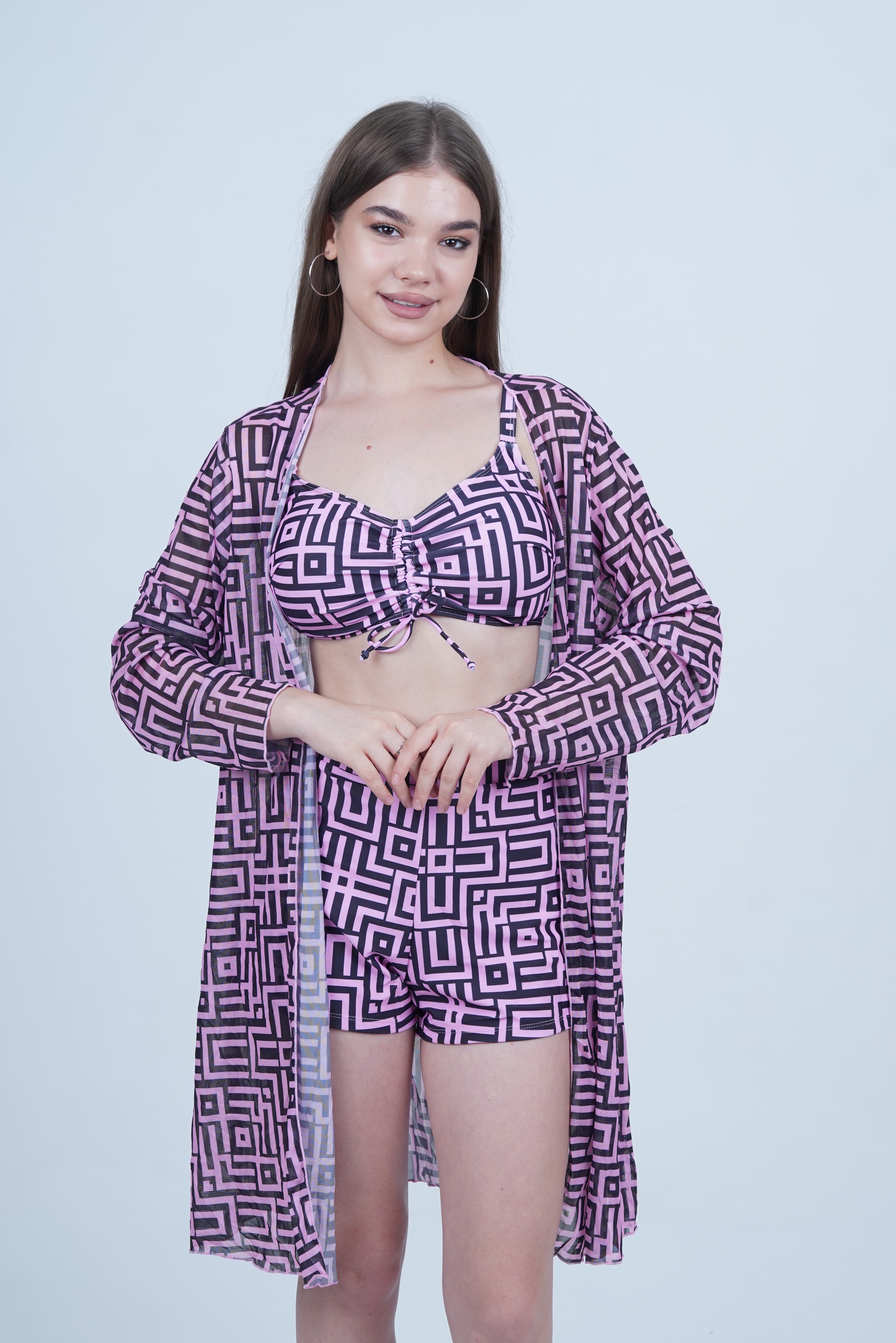 AXTZH Chic and Modern Swimwear Ensemble with Coordinated Pieces for Poolside and Beachwear X8859-PINPR-3PS