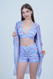 AXTZH Stylish 3-Piece Swimwear Set for Women with Coordinating Top, Shorts, and Breezy Cover-Up X0098-BLUPR-3PS