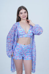 AXTZH Stylish 3-Piece Swimwear Set for Women with Coordinating Top, Shorts, and Breezy Cover-Up X0098-BLUPR-3PS