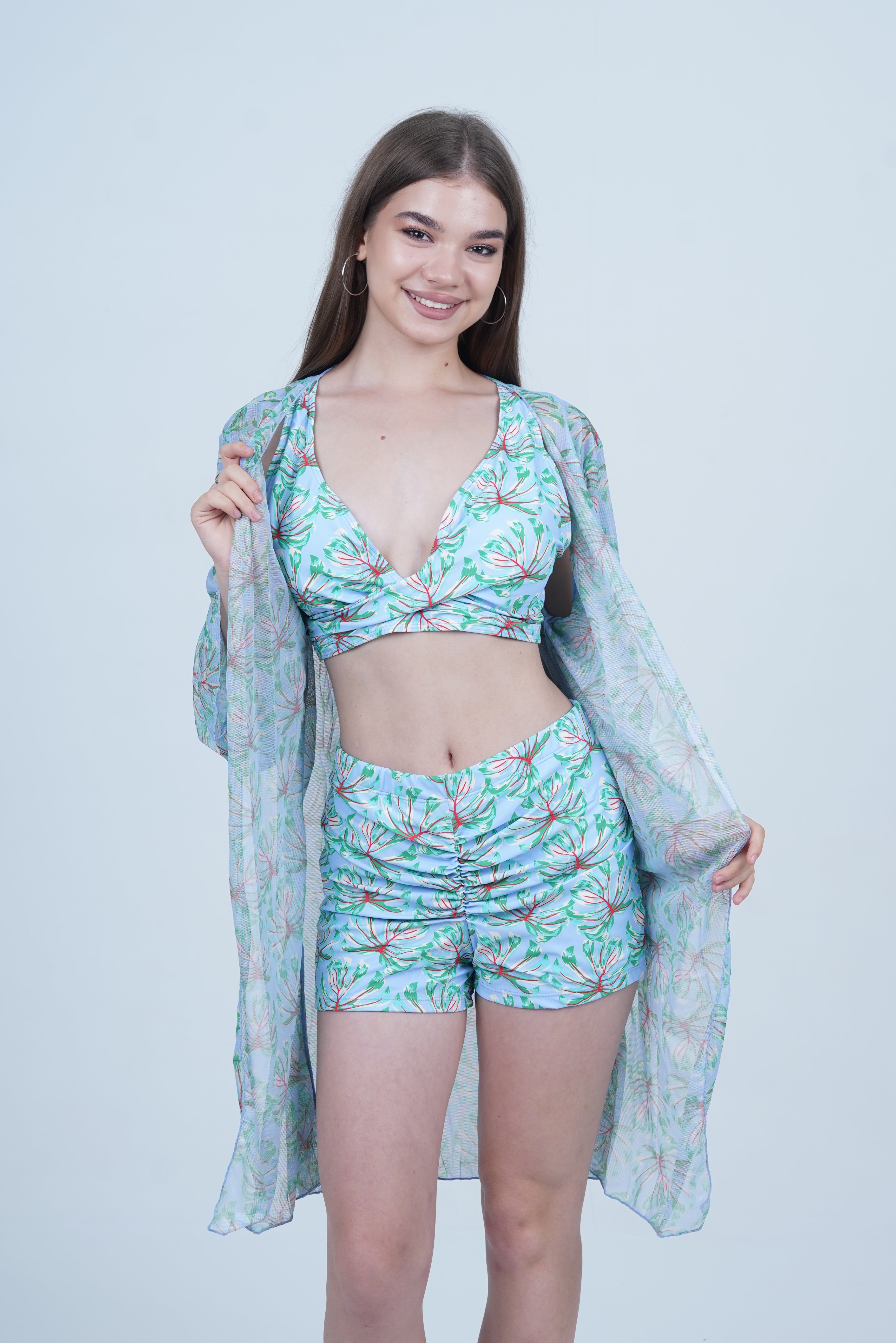 AXTZH Stylish 3-Piece Swimwear Set for Women with Coordinating Top, Shorts, and Breezy Cover-Up X0098-IRSPR-3PS