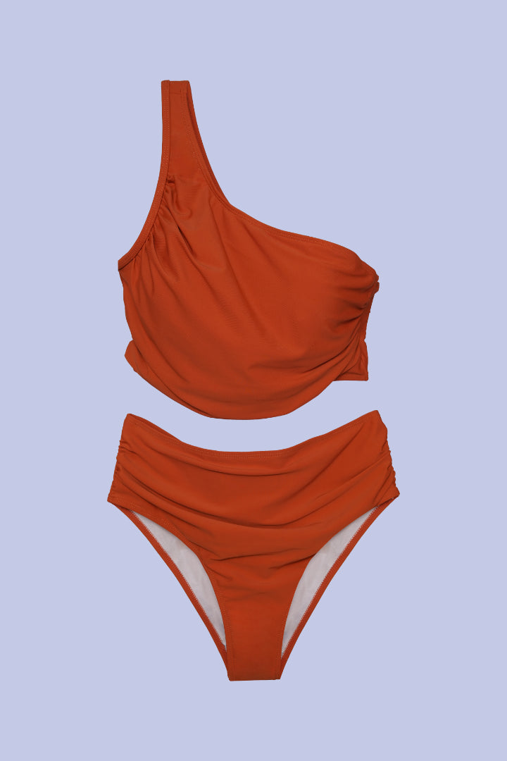 AXTZH 3-Piece One-Shoulder Swimwear Set with Sarong SWIM WEAR X1009-RUST-3PB
