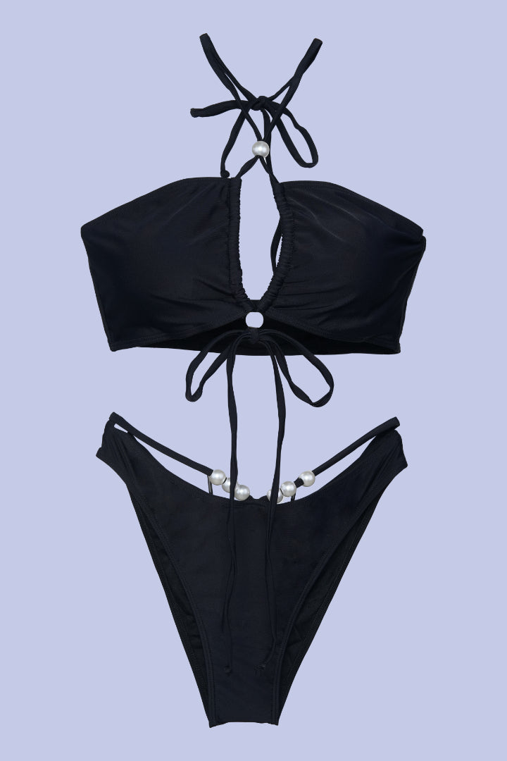 AXTZH 3-Piece Tie-Up Bikini Set with Sheer Sarong SWIM WEAR X1004-BLACK-3PB