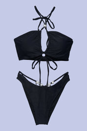 AXTZH 3-Piece Tie-Up Bikini Set with Sheer Sarong SWIM WEAR X1004-BLACK-3PB