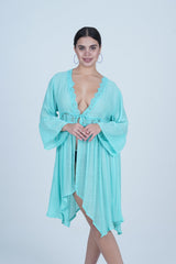 AXTZH Flowing Sarong-Inspired Beachwear Dress with Bell Sleeves and Tie-Up Waist X0629-SGREEN-SNGA2