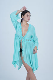 AXTZH Flowing Sarong-Inspired Beachwear Dress with Bell Sleeves and Tie-Up Waist X0629-SGREEN-SNGA2