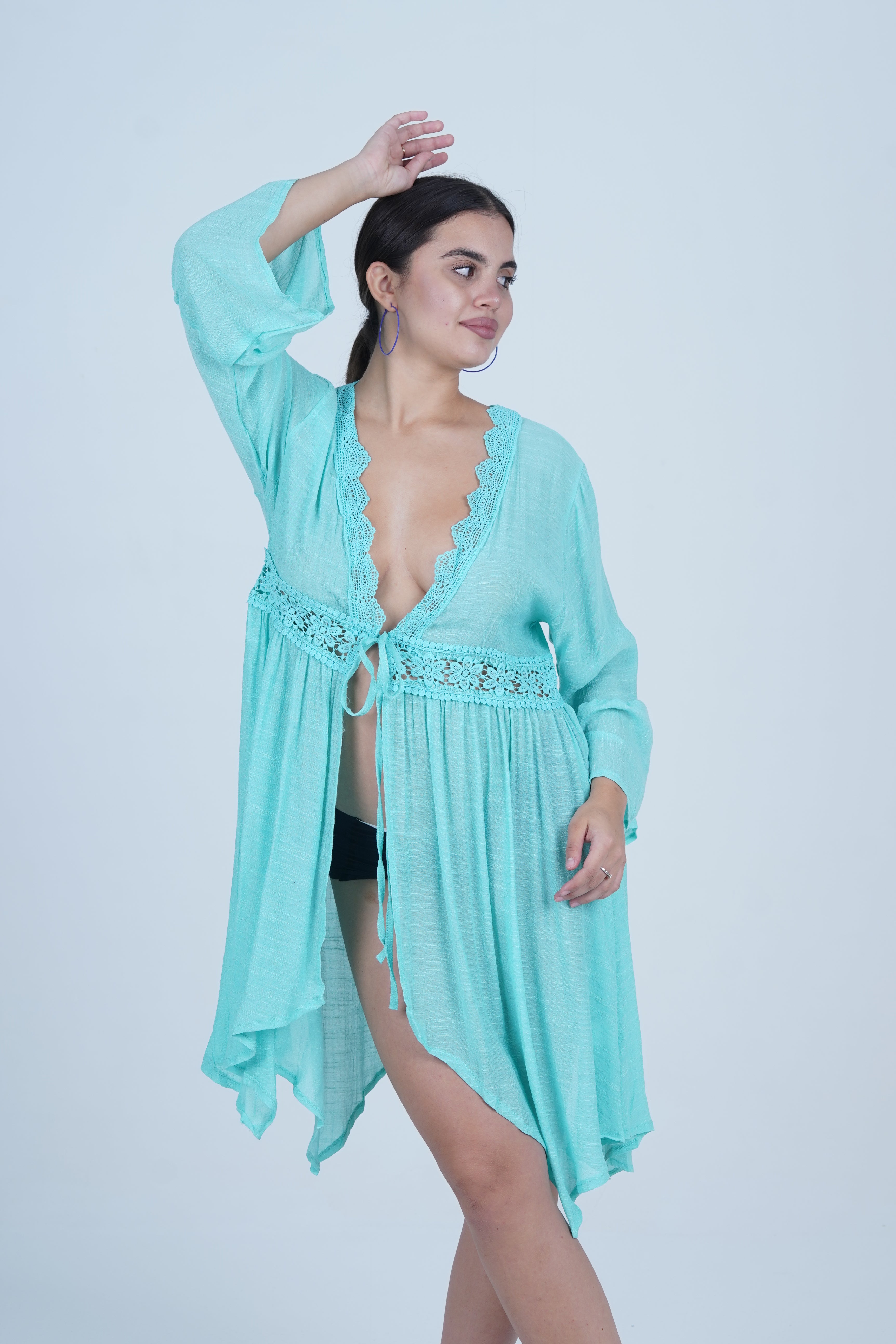 AXTZH Flowing Sarong-Inspired Beachwear Dress with Bell Sleeves and Tie-Up Waist X0629-SGREEN-SNGA2