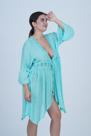AXTZH Flowing Sarong-Inspired Beachwear Dress with Bell Sleeves and Tie-Up Waist X0629-SGREEN-SNGA2