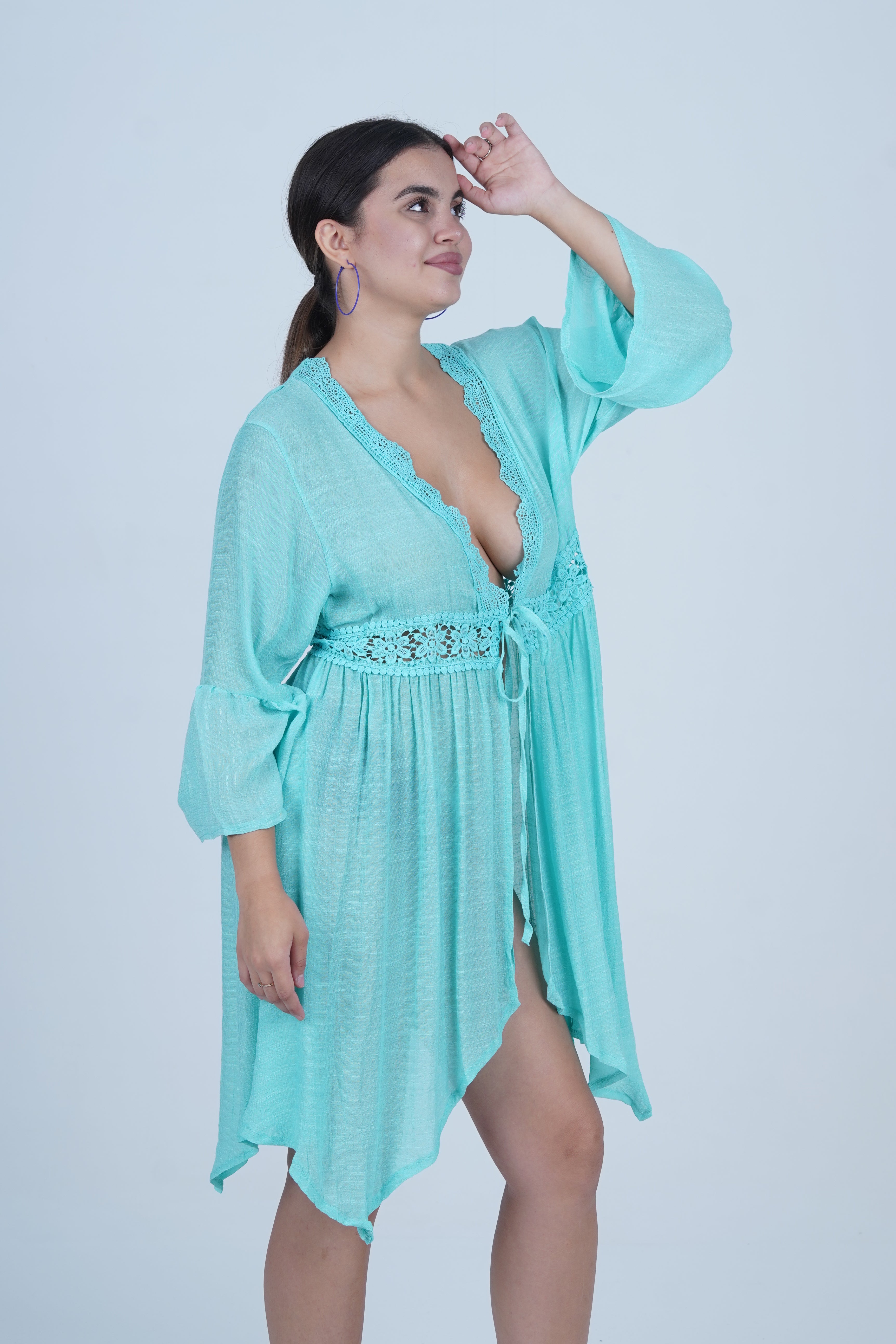 AXTZH Flowing Sarong-Inspired Beachwear Dress with Bell Sleeves and Tie-Up Waist X0629-SGREEN-SNGA2