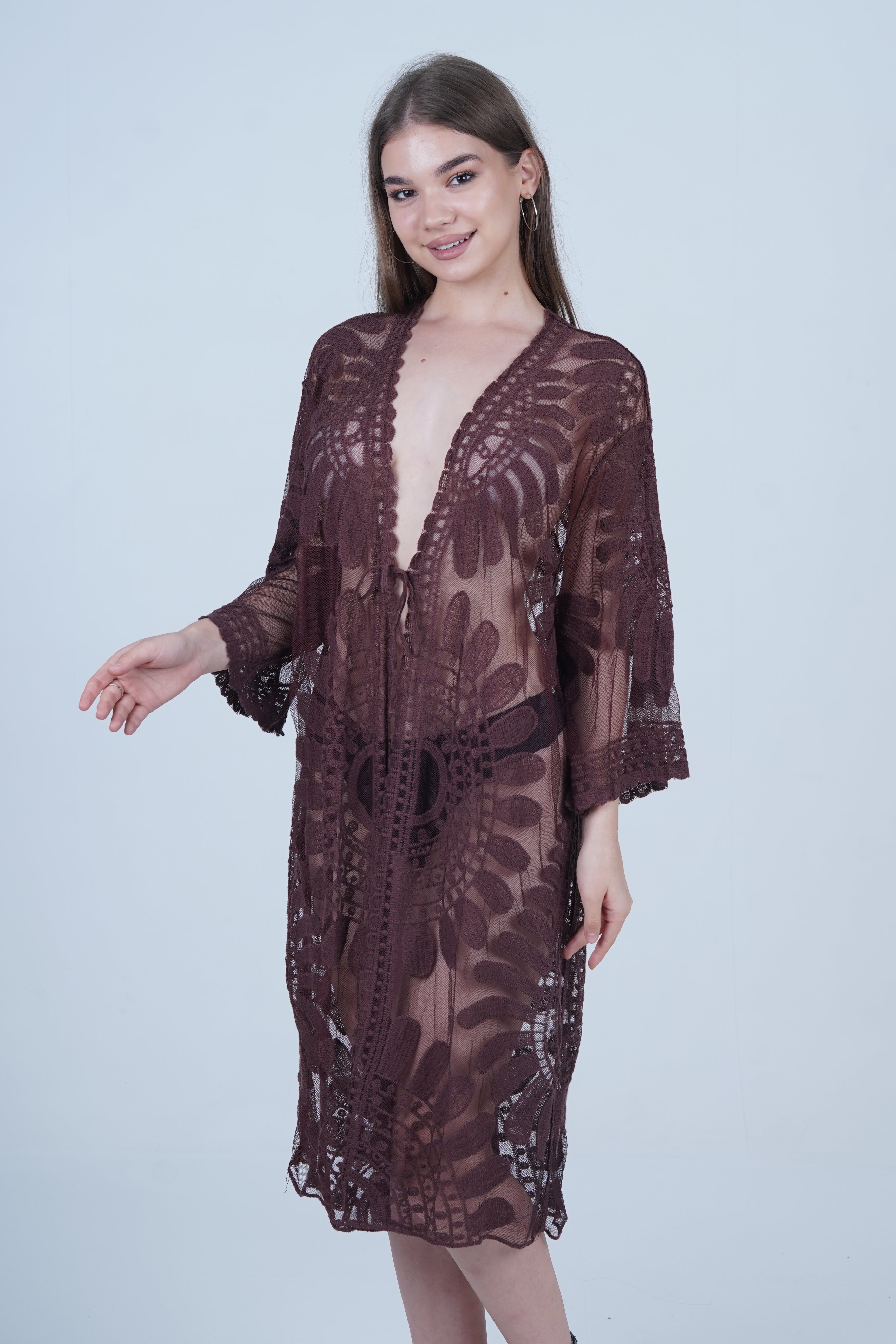 AXTZH Elegant Beachwear Cover-Up Featuring Intricate Patterns and Lightweight Drape X0808-COFFEE-SNGA2