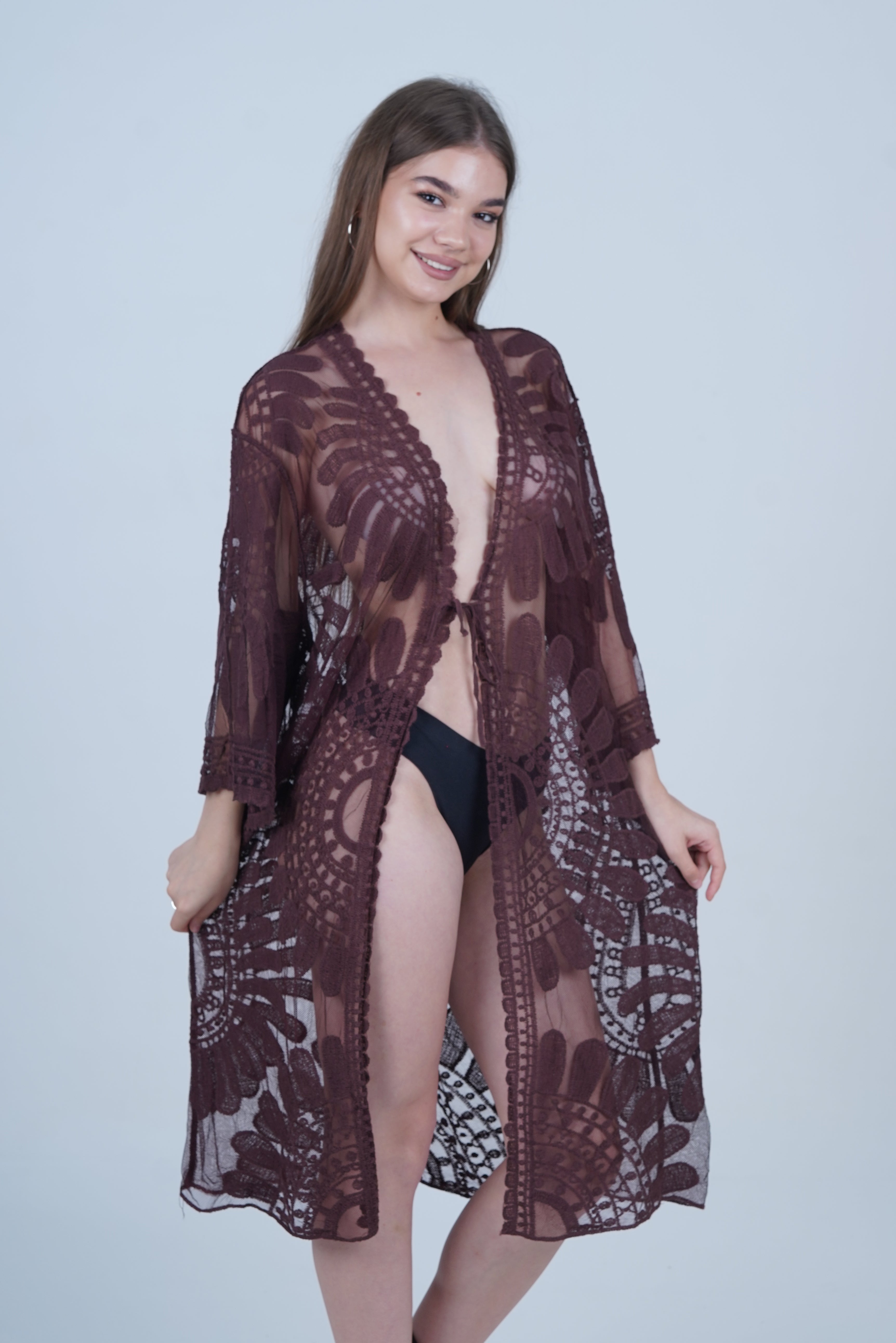 AXTZH Elegant Beachwear Cover-Up Featuring Intricate Patterns and Lightweight Drape X0808-COFFEE-SNGA2