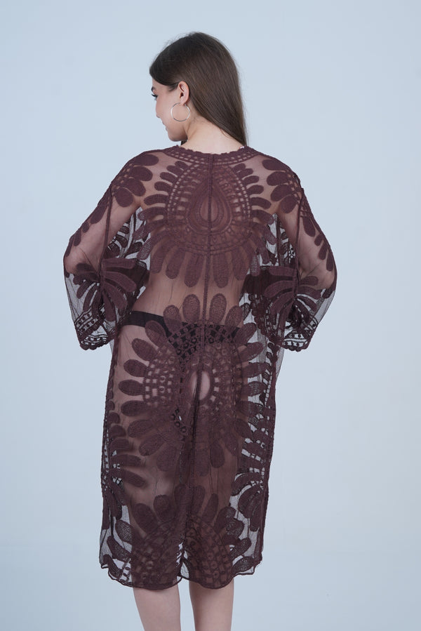 AXTZH Elegant Beachwear Cover-Up Featuring Intricate Patterns and Lightweight Drape X0808-COFFEE-SNGA2
